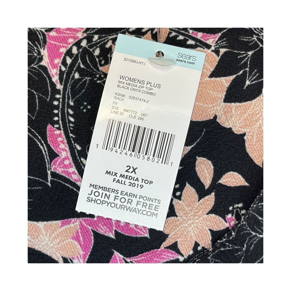 Simply Emma Mix Media Top Women's 2X Black Floral Zipper Long Sleeve Pullover - Picture 2 of 7